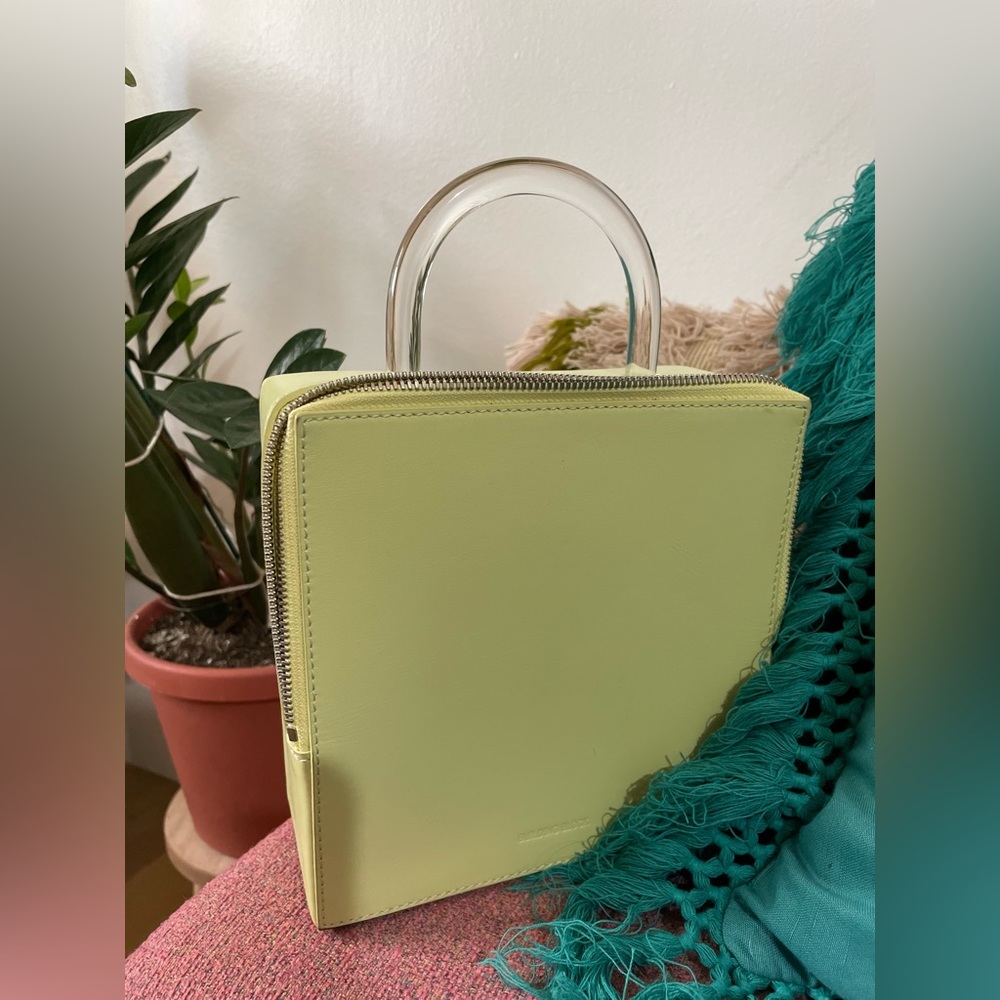 Building Block lime green box purse with clear handle and zipper